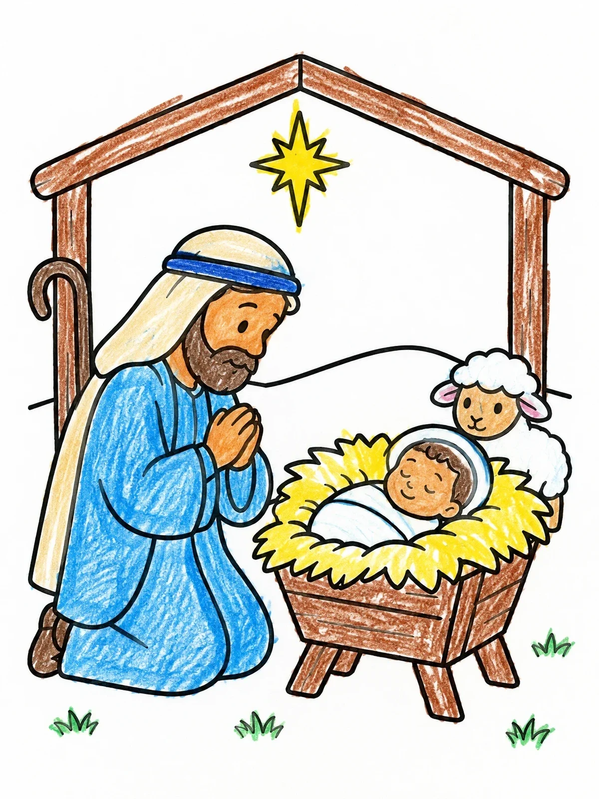 Colored example of the Shepherd Kneeling By Baby Jesus coloring page