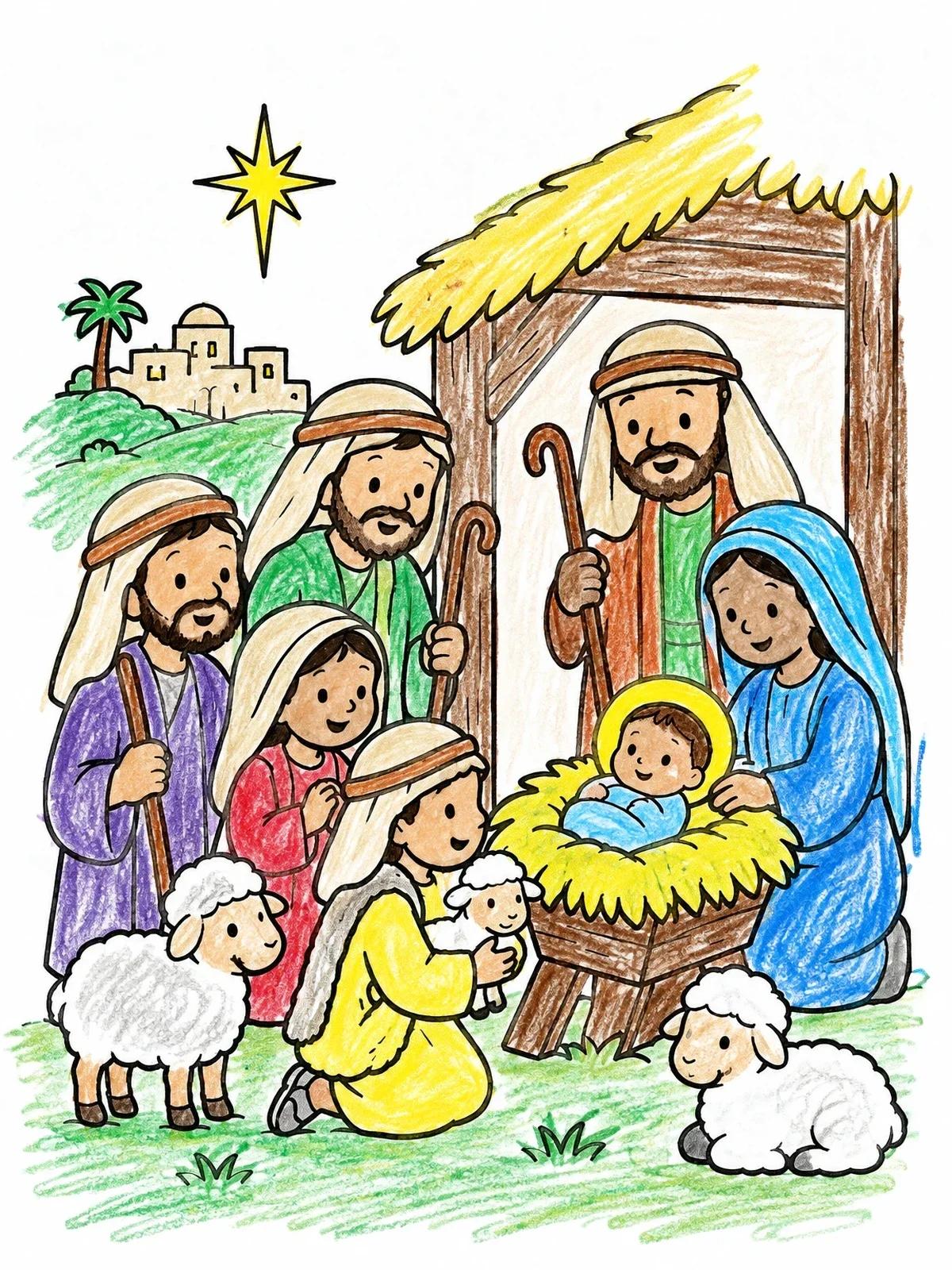 Colored example of the Shepherds Visiting Baby Jesus At Stable coloring page