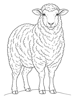 A detailed standing ewe in a shepherds visit baby jesus coloring page with wool textures.