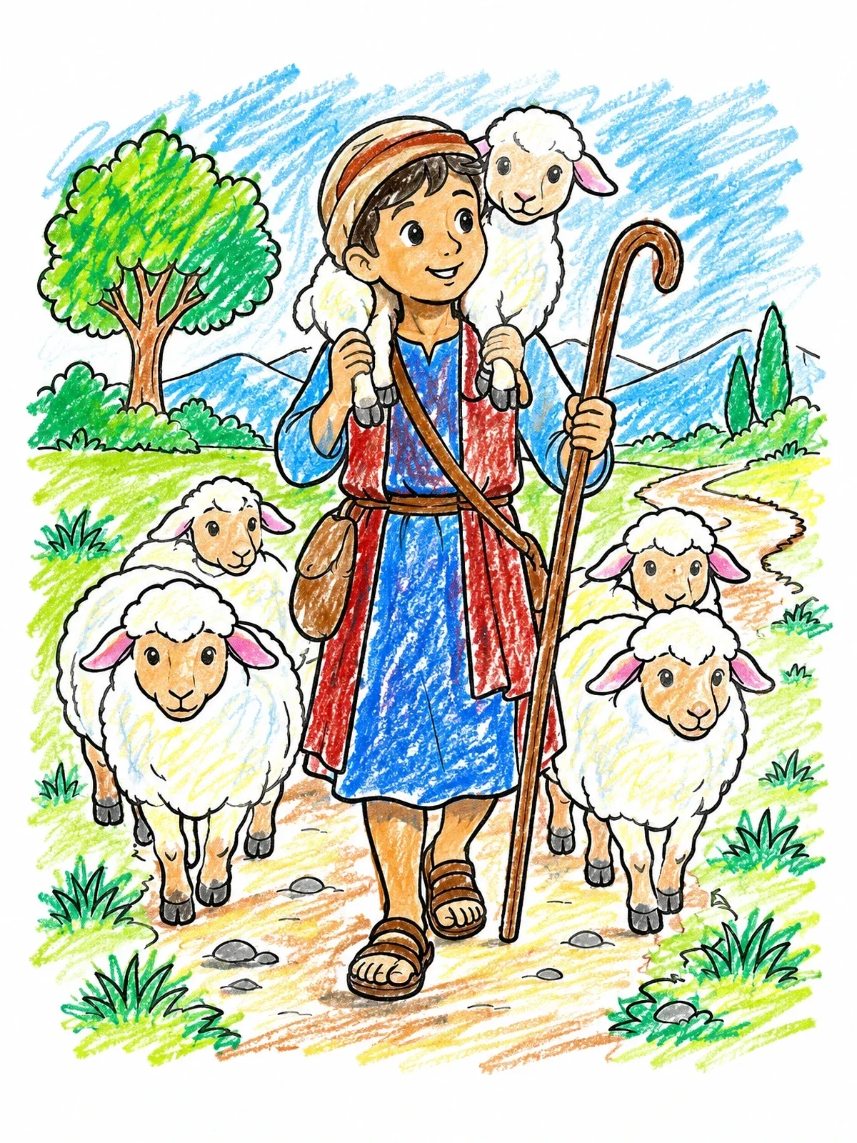 Colored example of the Young Shepherd Leading Fluffy Sheep coloring page