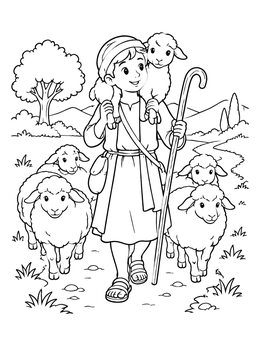 Free printable Young Shepherd Leading Fluffy Sheep coloring page