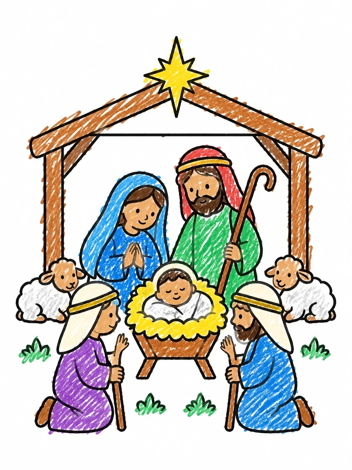 Colored example of the Shepherds Visiting The Nativity Scene coloring page