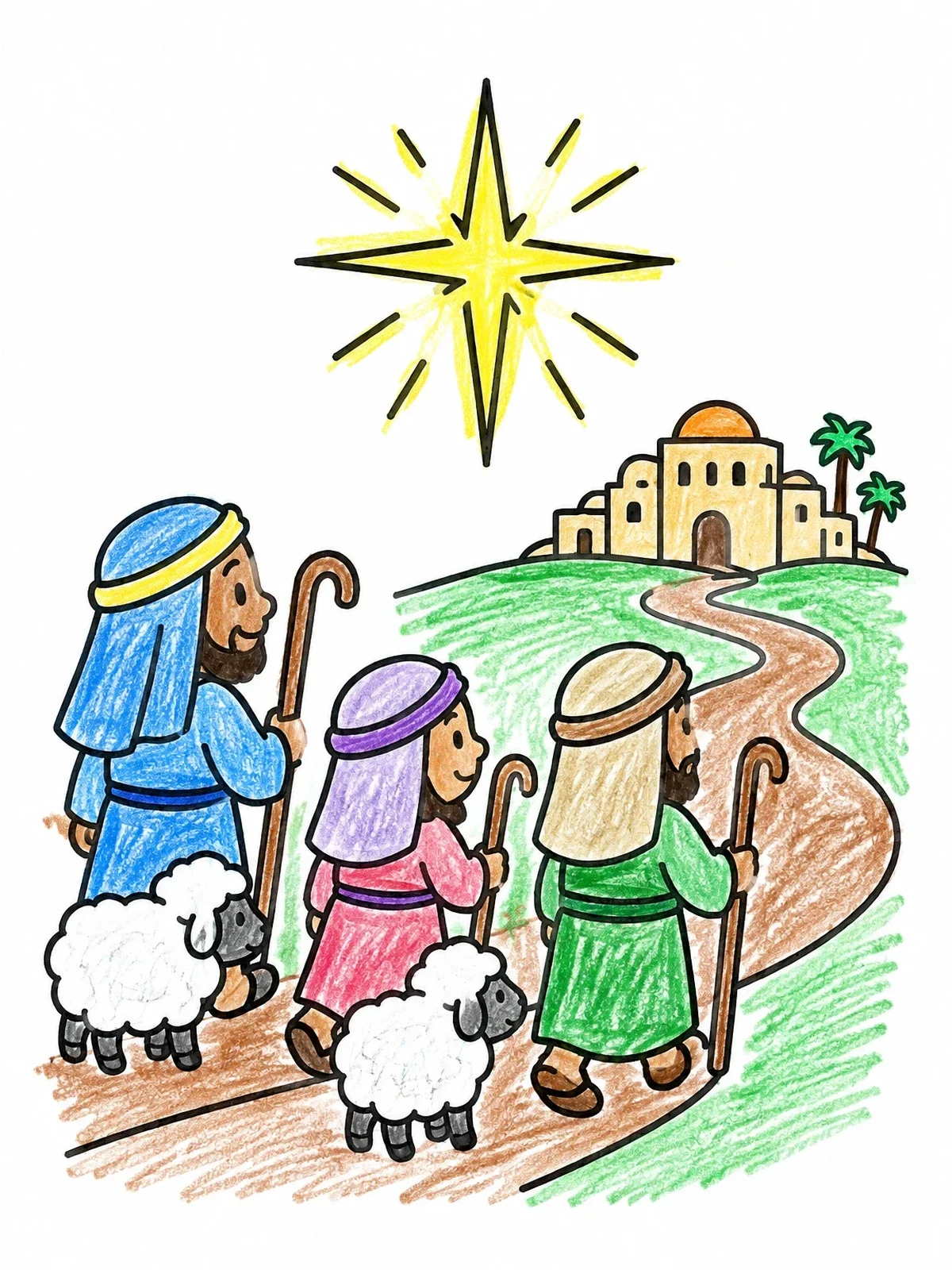 Colored example of the Shepherds Following The Star coloring page