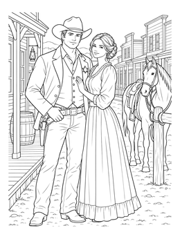 A handsome wild west sheriff and a woman on a town street in this sheriff coloring page.