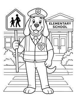 A friendly dog deputy stands with a sign outside on this sheriff coloring page.