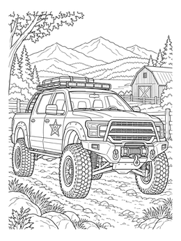 A rugged sheriff off-road police truck coloring page against a mountain and barn landscape.