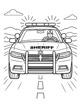 An action-packed sheriff coloring page showing an officer driving a patrol car on duty.