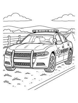 A modern cruiser parked along a rural road features in this sheriff coloring page.