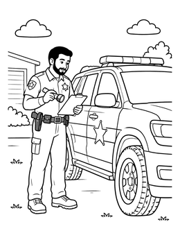 Free printable Friendly Sheriff Inspecting Patrol Suv coloring page