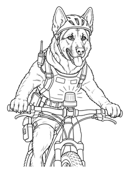 A German shepherd officer rides a patrol bike on this sheriff coloring page.