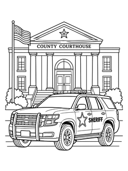 A detailed sheriff coloring page showing a patrol SUV parked outside a county courthouse.