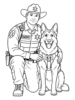 A friendly sheriff kneeling next to a German Shepherd dog on this sheriff coloring page.