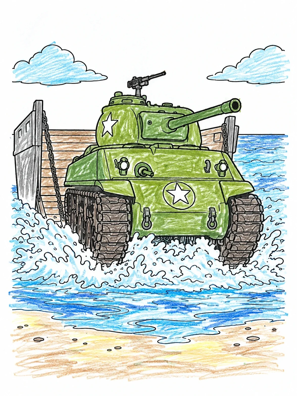 Colored example of the Sherman Tank Landing On The Beach coloring page