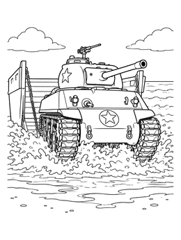 A historic Sherman tank disembarking into water on this d day coloring page.