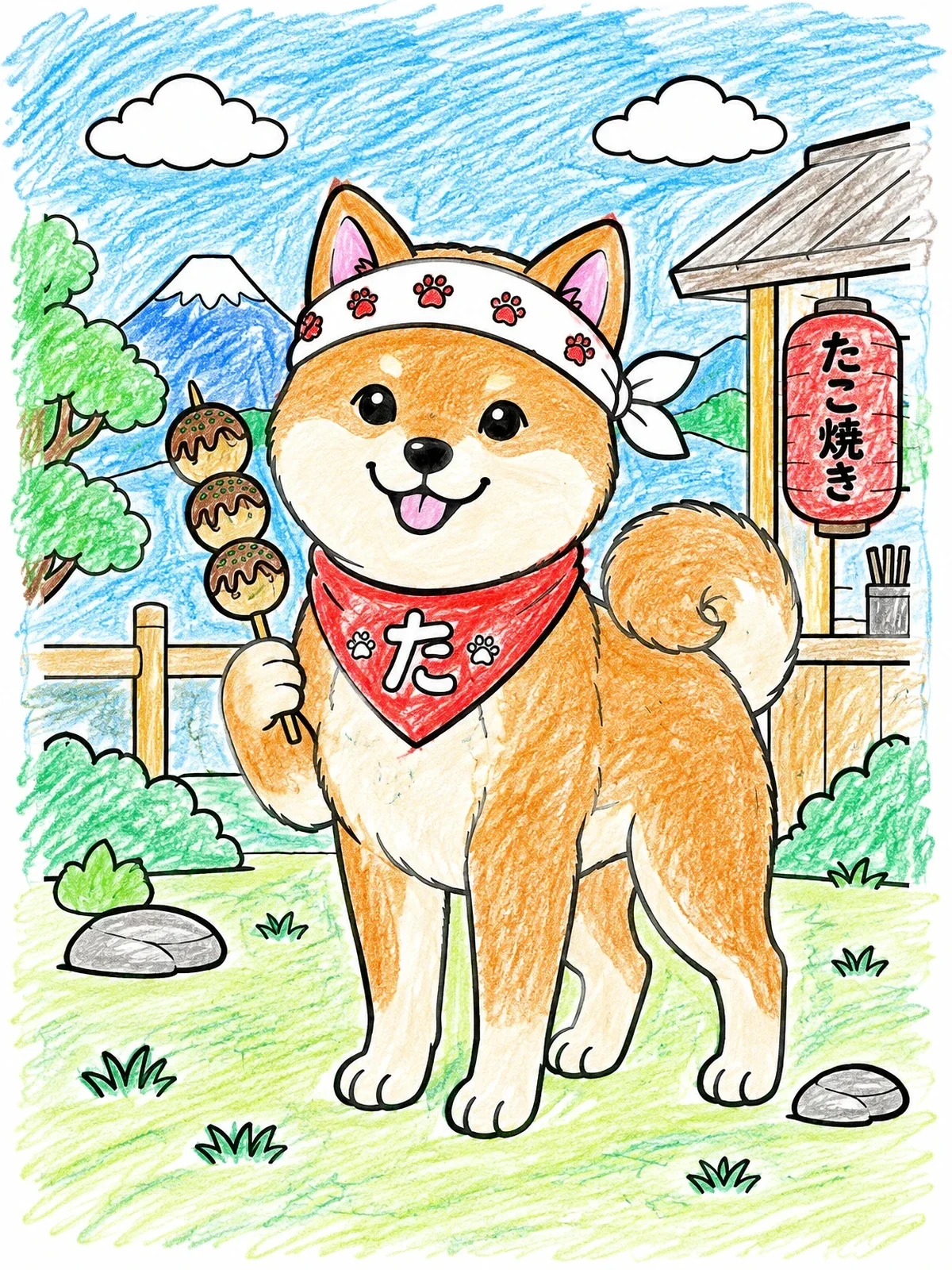 Colored example of the Shiba Inu Chef With Takoyaki Skewer coloring page