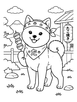 Free printable Shiba Inu Chef With Takoyaki Skewer coloring page