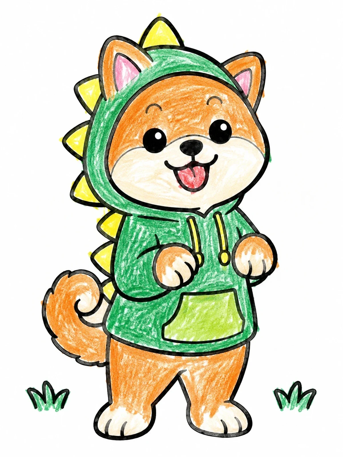 Colored example of the Shiba Inu In Dinosaur Hoodie coloring page