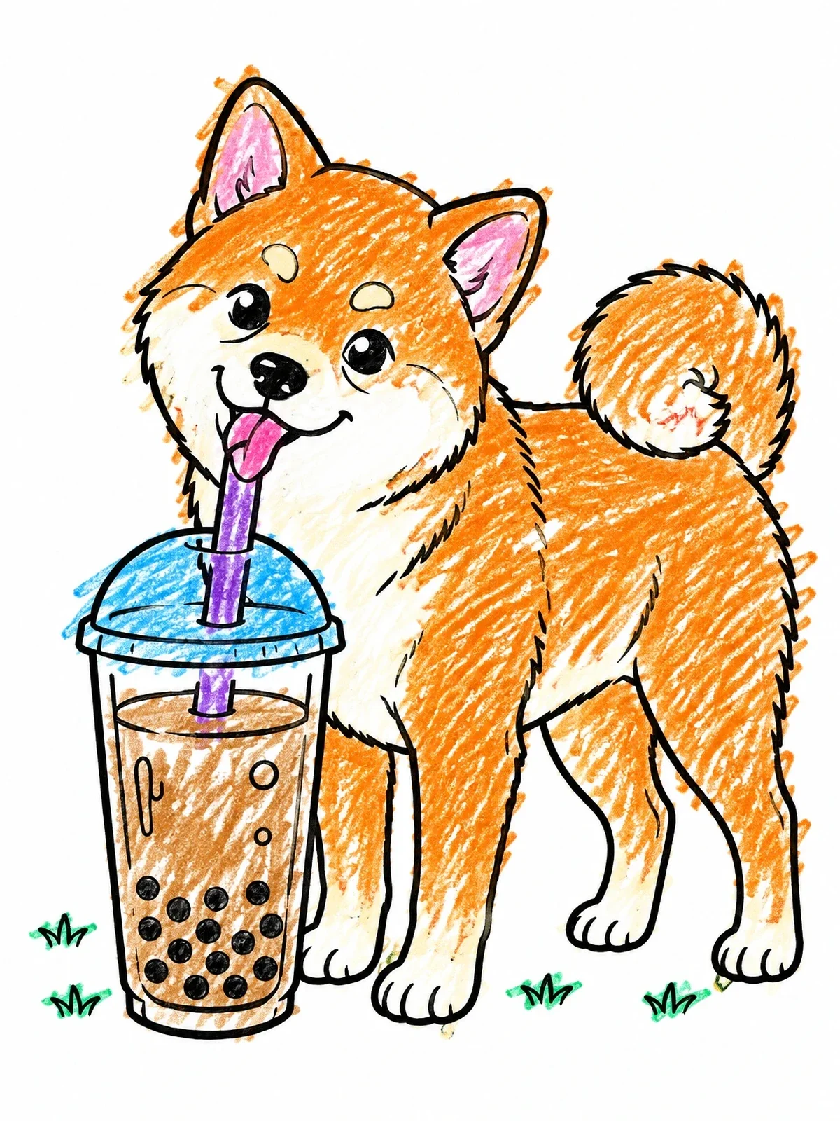 Colored example of the Shiba Inu Drinking Bubble Tea coloring page