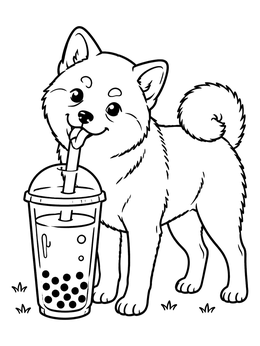 Free printable Shiba Inu Drinking Bubble Tea coloring page