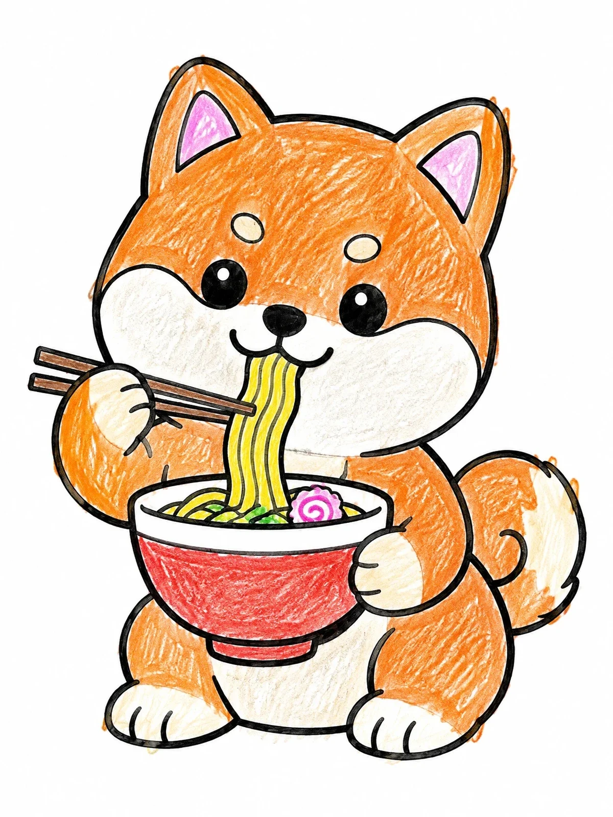 Colored example of the Shiba Inu Eating Ramen Noodles coloring page