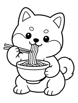 Free printable Shiba Inu Eating Ramen Noodles coloring page