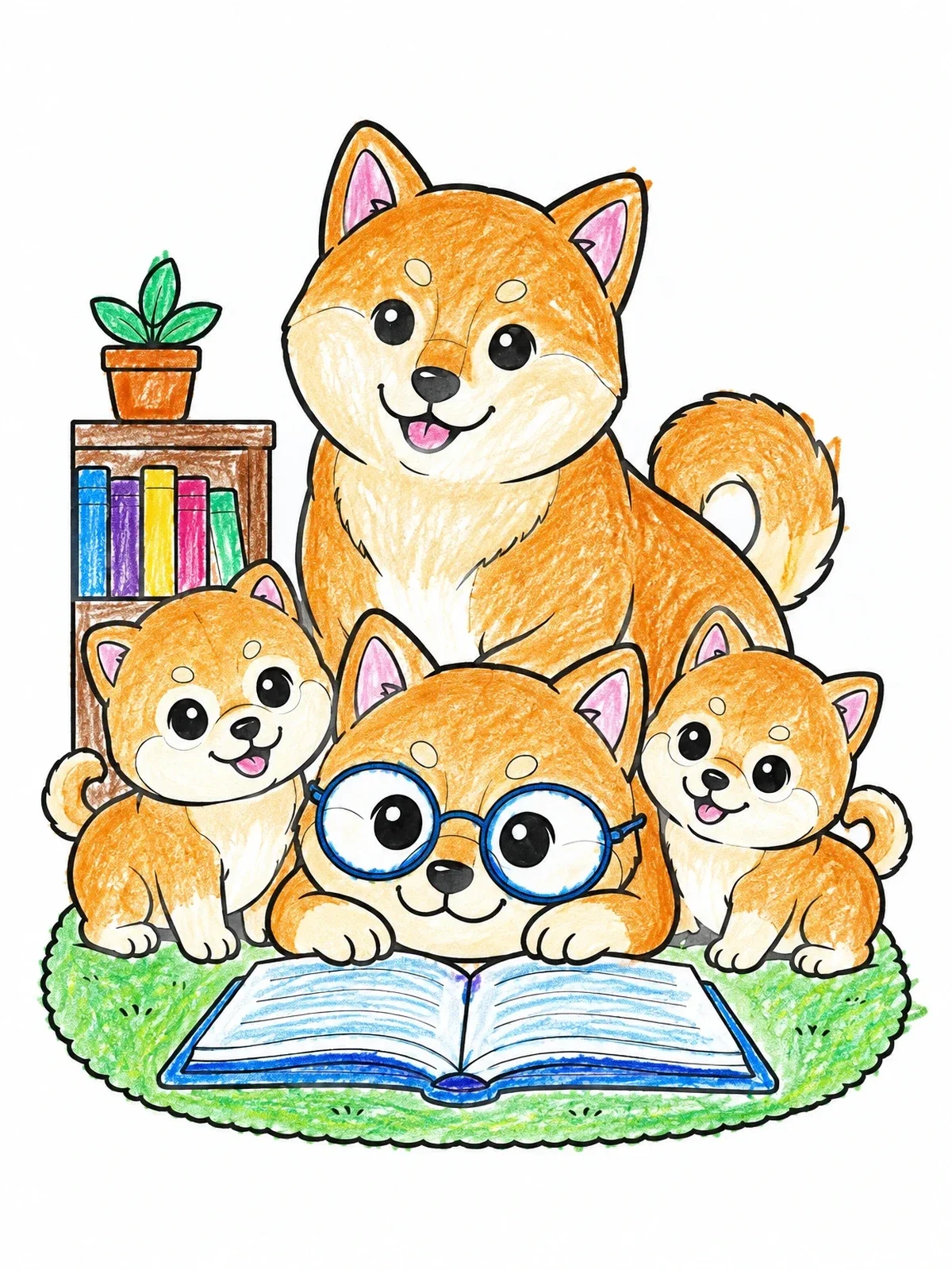 Colored example of the Shiba Inu Family Reading Together coloring page