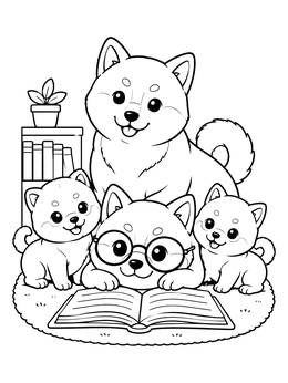 Free printable Shiba Inu Family Reading Together coloring page