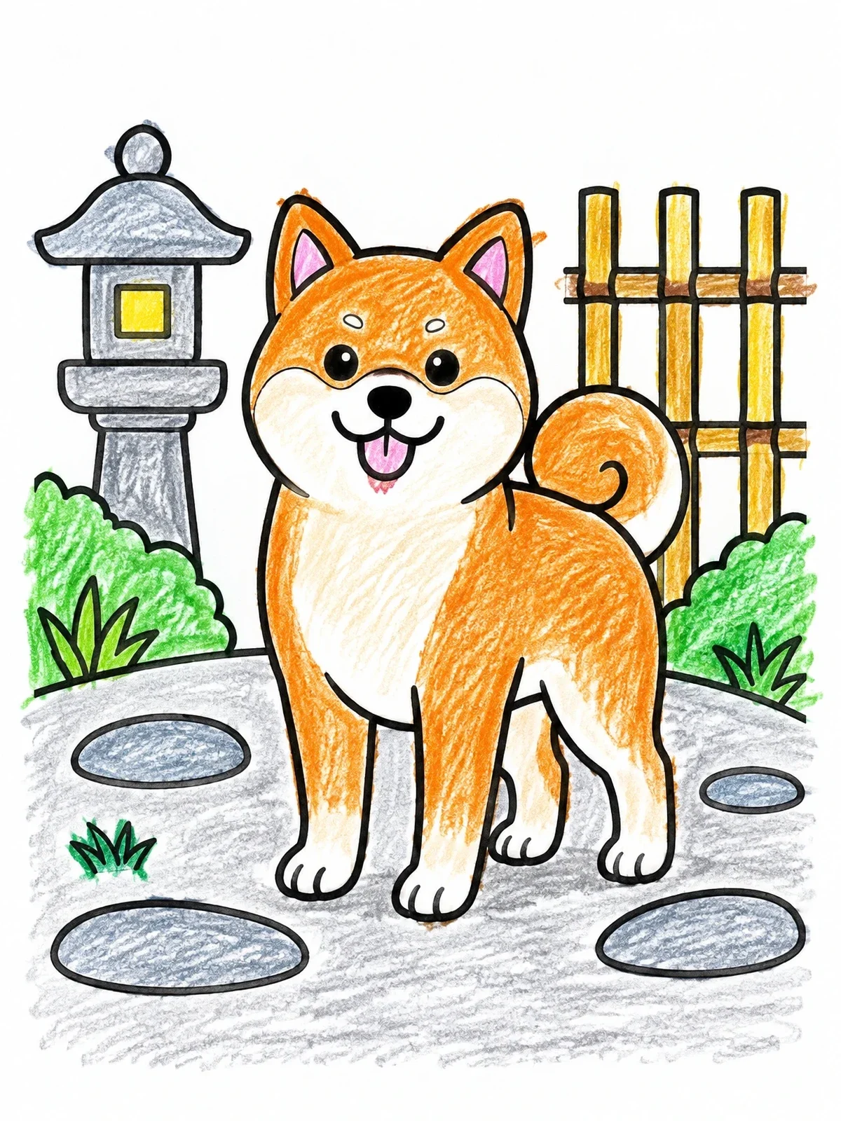 Colored example of the Shiba Inu In Japanese Garden coloring page