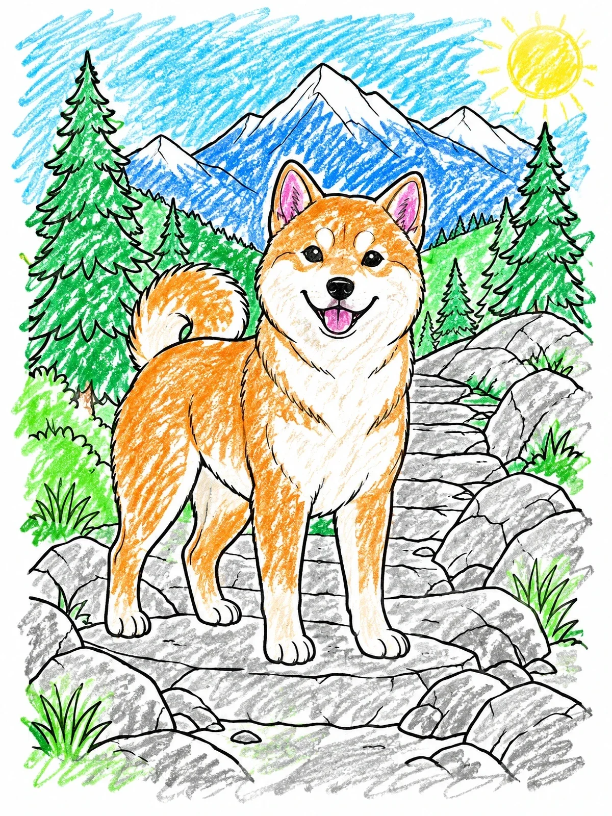 Colored example of the Shiba Inu On A Mountain Trail coloring page