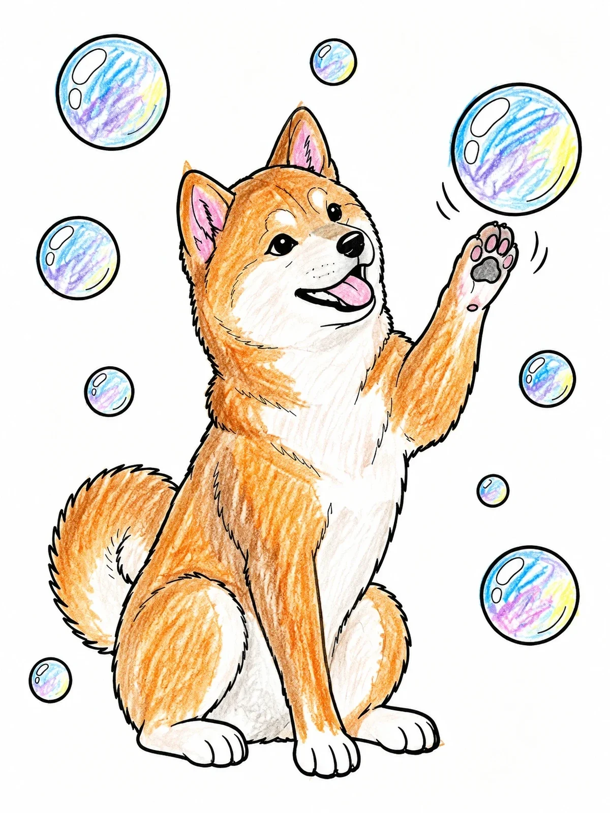 Colored example of the Shiba Inu Playing With Soap Bubbles coloring page