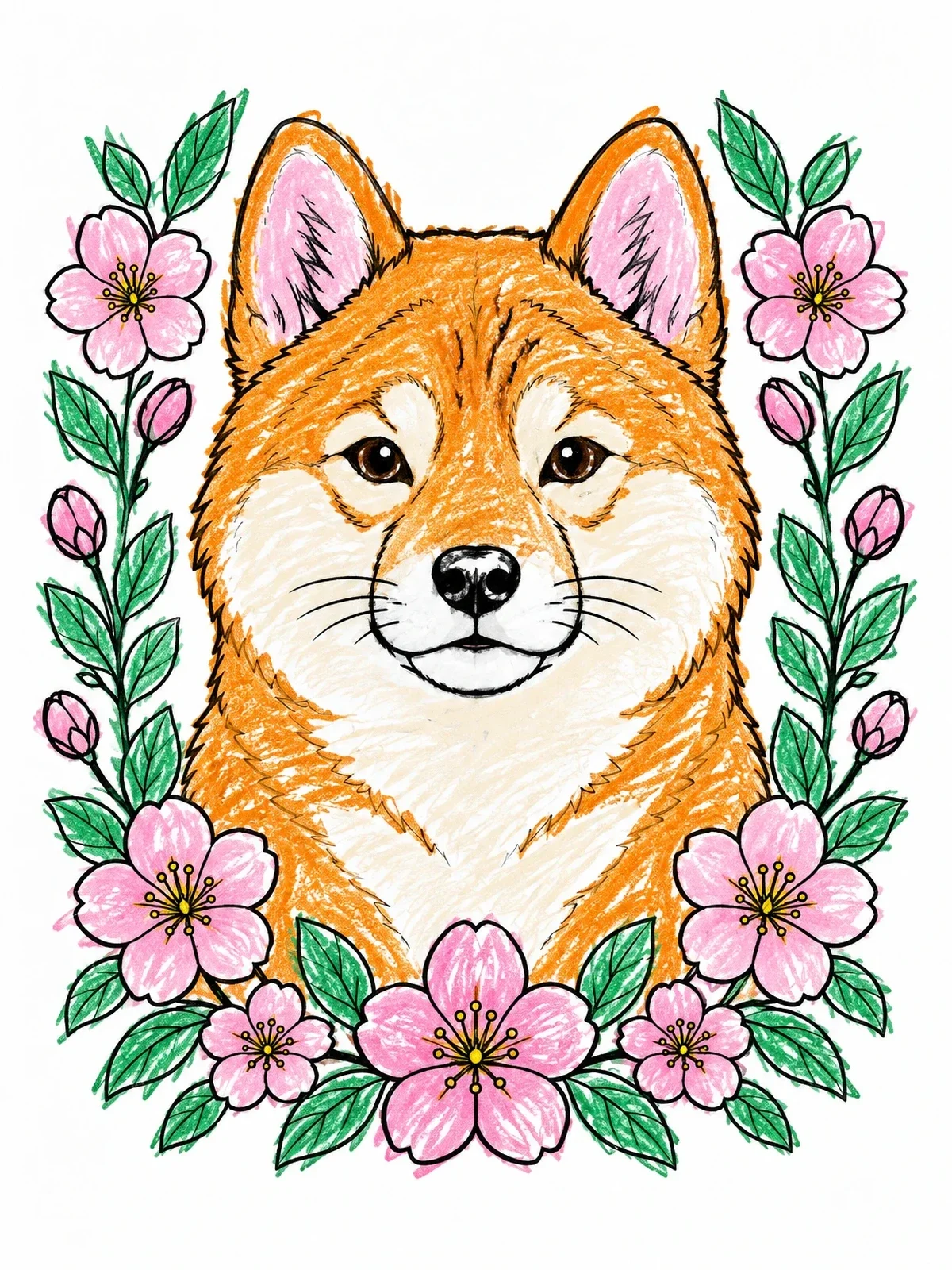 Colored example of the Shiba Inu Portrait With Cherry Blossoms coloring page