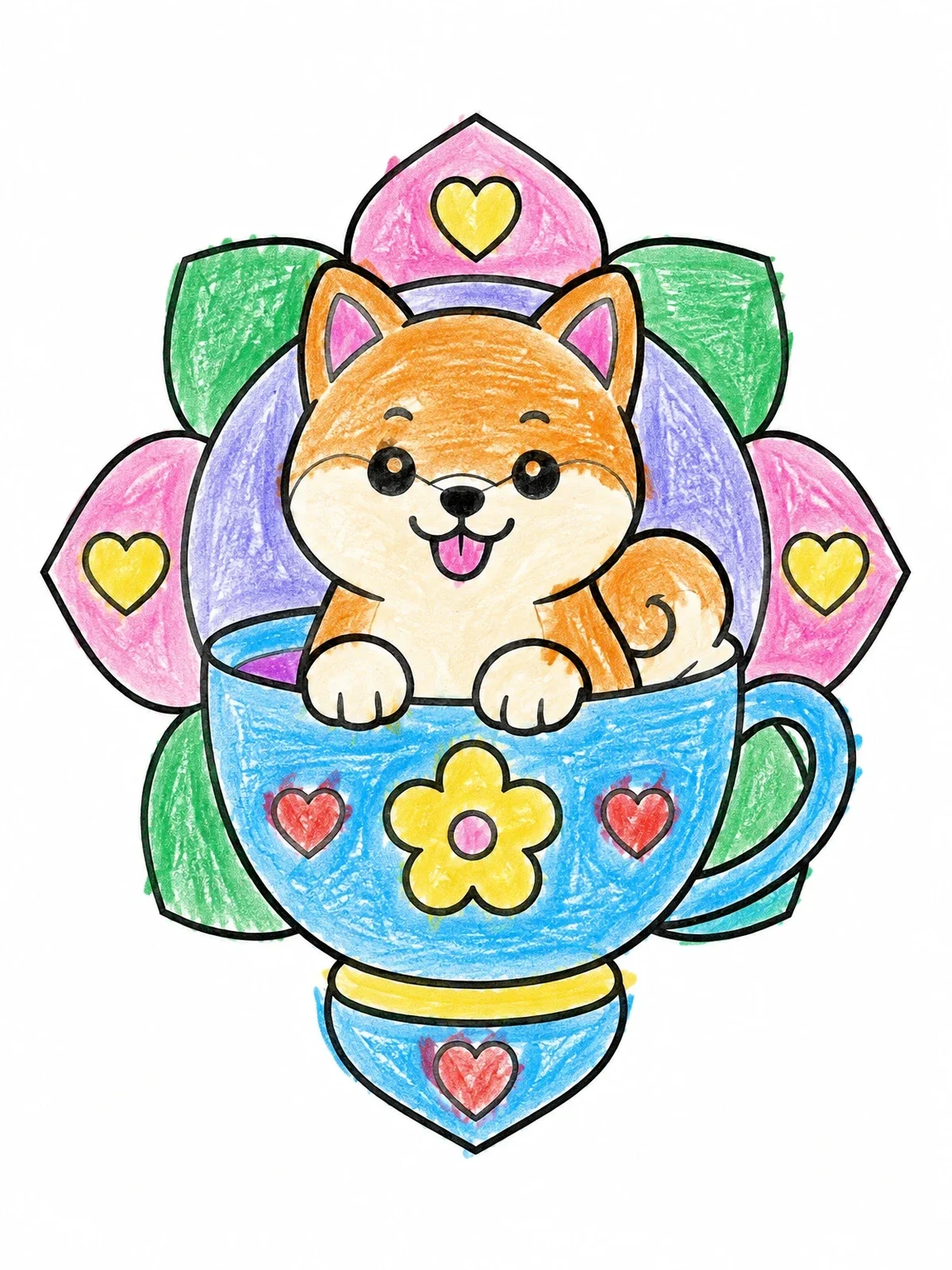 Colored example of the Shiba Inu Puppy In Teacup coloring page