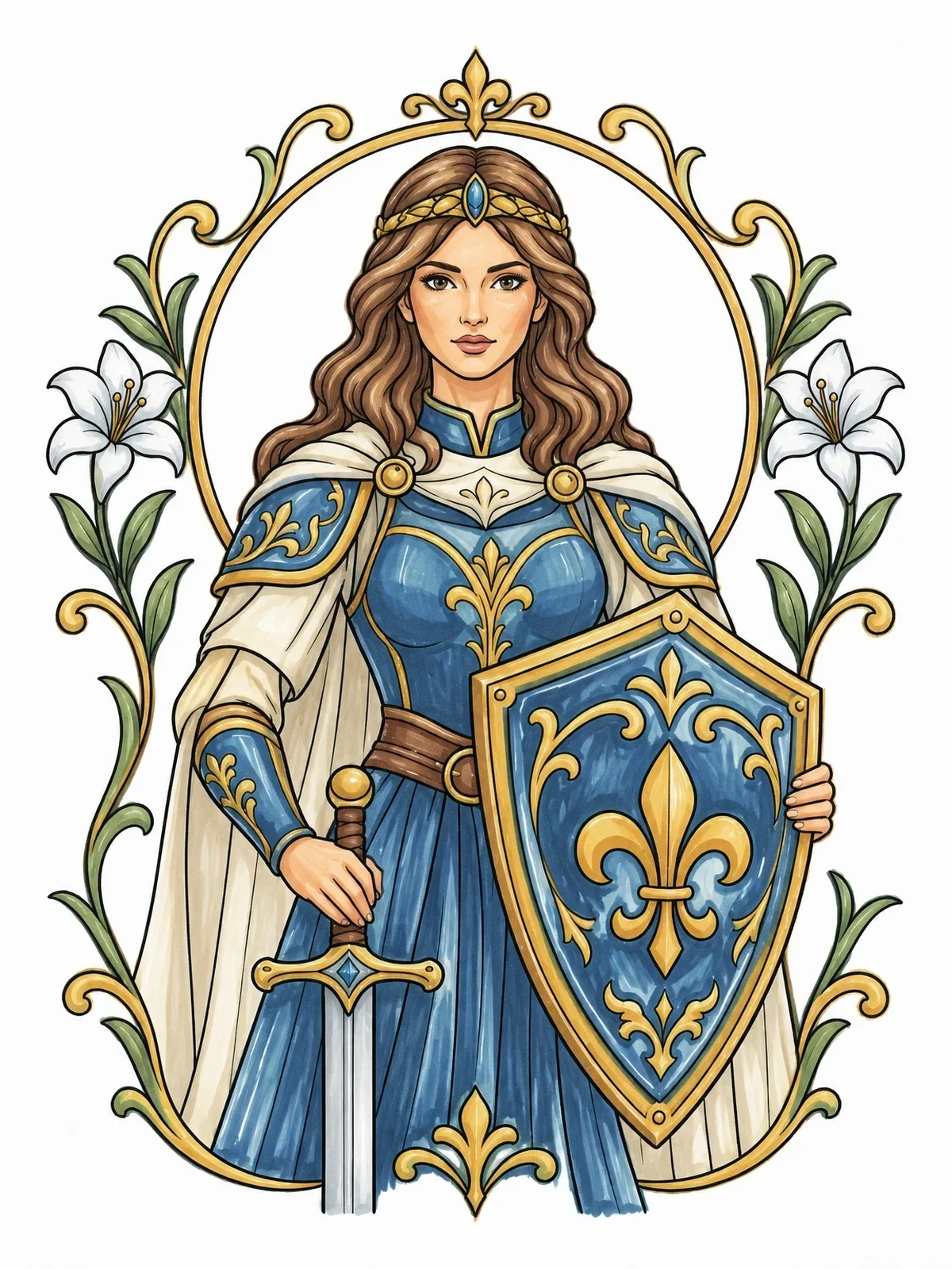 Colored example of the Shield Bearing Maiden Knight Portrait coloring page