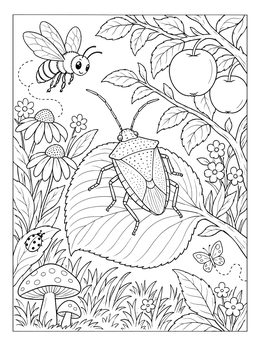 A detailed bug coloring page featuring a stink bug on a leaf with a cute honey bee flying nearby.