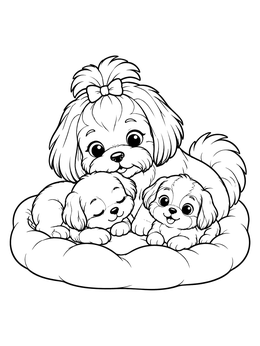 Free printable Shih Tzu Mom And Two Puppies coloring page