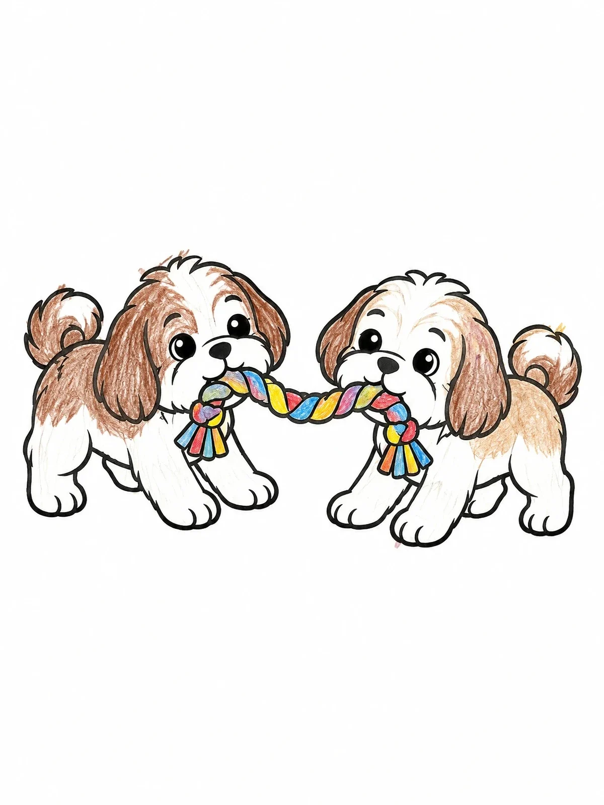 Colored example of the Shih Tzu Puppies Playing Tug Of War coloring page