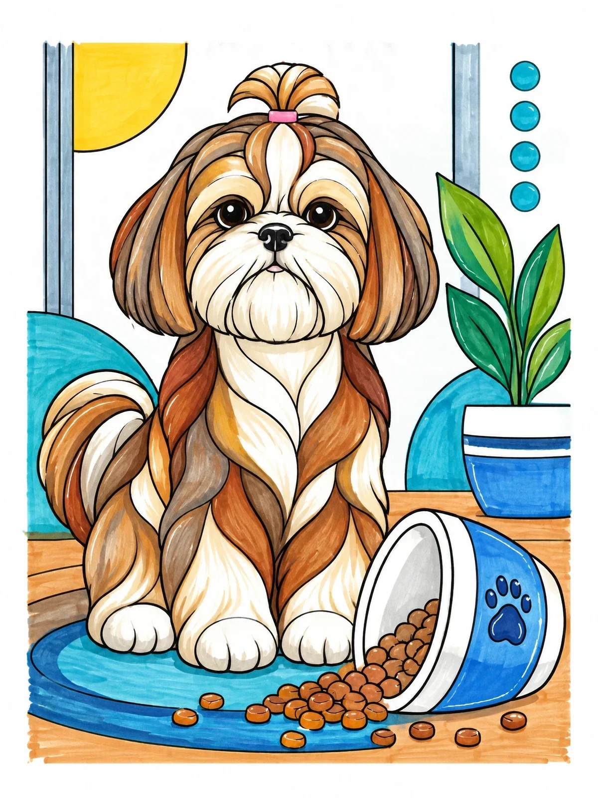 Colored example of the Shih Tzu Beside Overturned Food Bowl coloring page