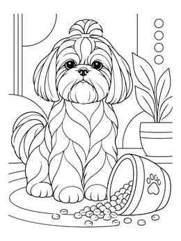 Free printable Shih Tzu Beside Overturned Food Bowl coloring page