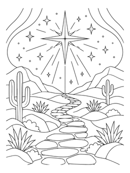 A radiant christmas star coloring page featuring a stone path through a desert landscape.