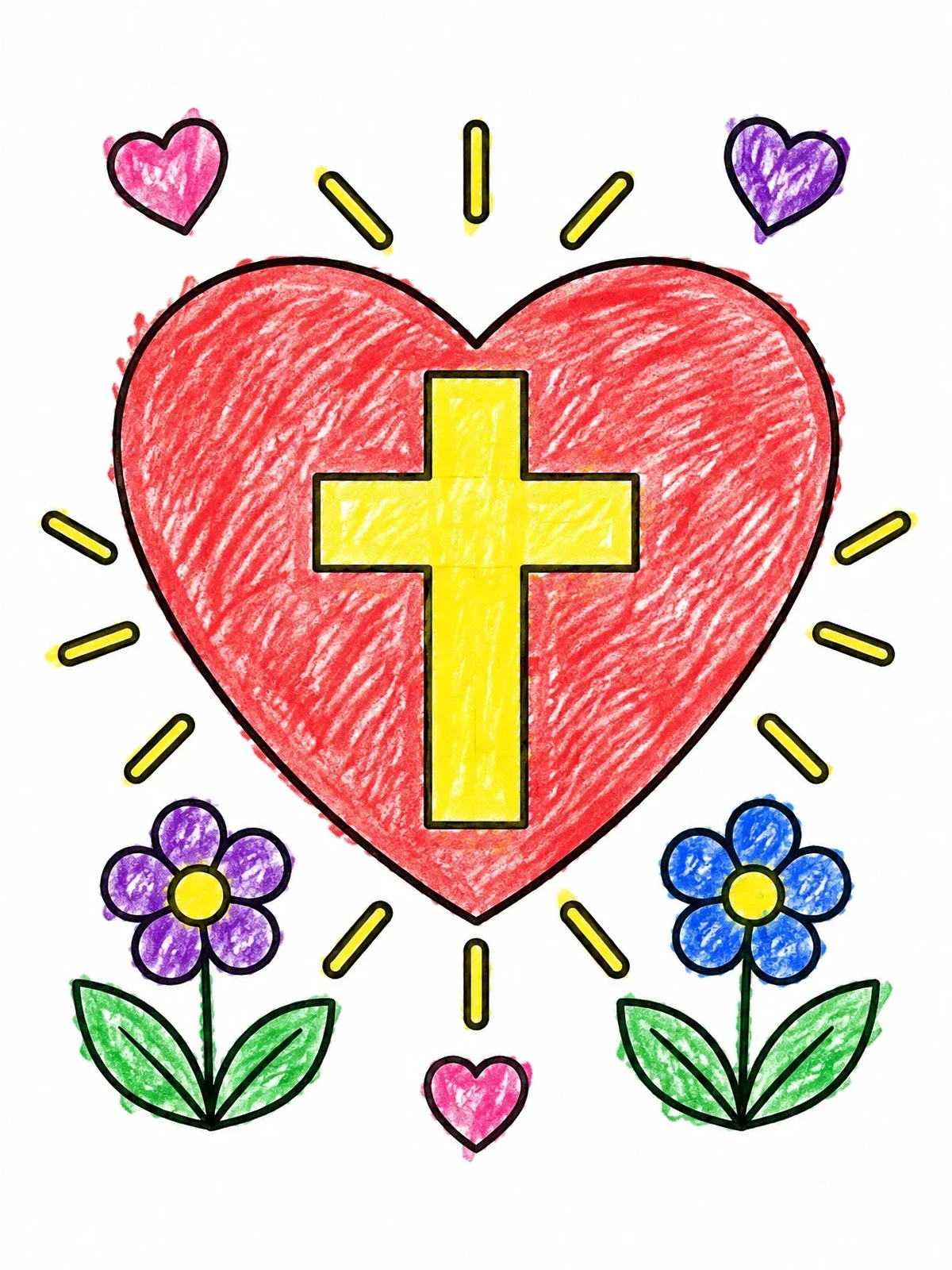 Colored example of the Shining Cross Inside A Heart coloring page