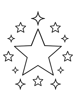 A large five-pointed star coloring page surrounded by little stars and sparkles.