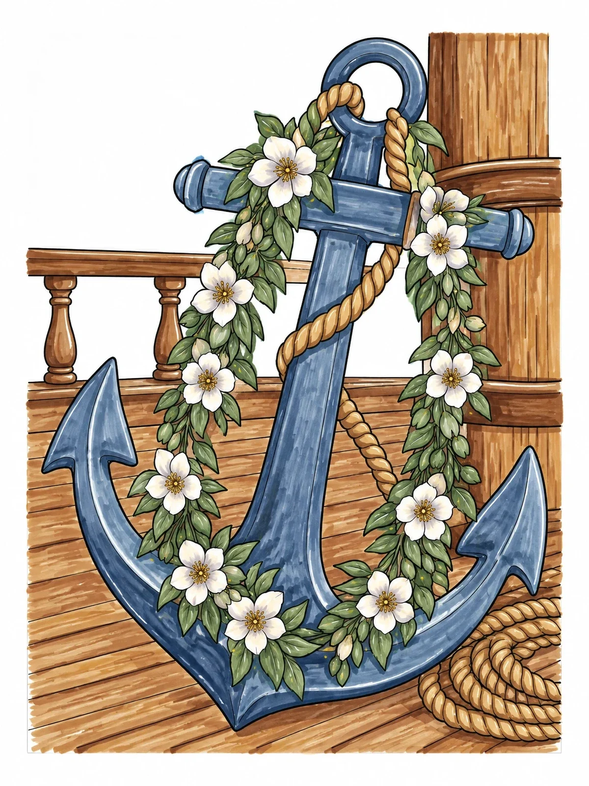 Colored example of the Ship Anchor With Mayflower Garland coloring page