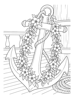 Detailed ship anchor with floral blossoms on deck in this mayflower coloring page.