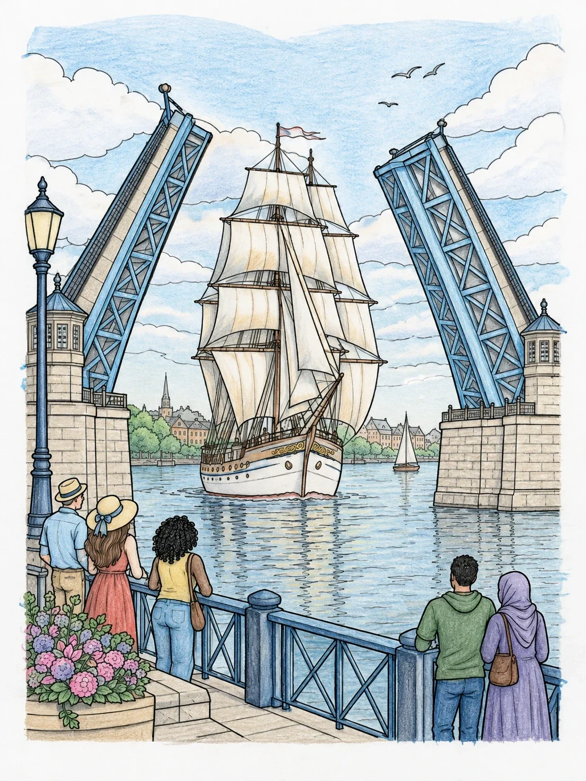 Colored example of the Sailing Ship Passing Through Tower Bridge coloring page