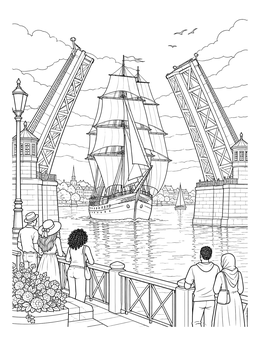 A tall ship passes under raised bascules in this London coloring page with spectators watching.