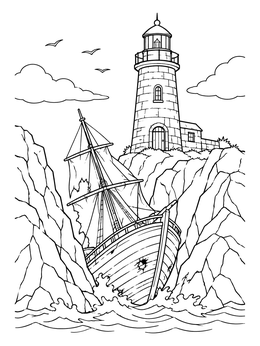 A detailed shipwreck coloring page showing a damaged sailing boat wedged between rocky cliffs below a lighthouse.