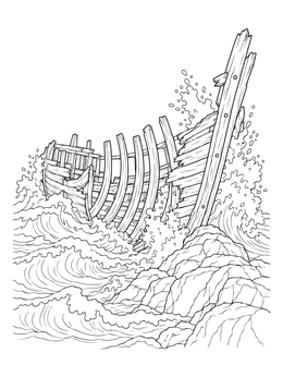 A detailed shipwreck coloring page showing broken wooden ribs battered by rough sea waves against rocks.