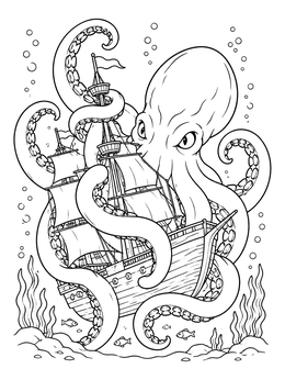 Free printable Kraken Entangling Sunken Sailing Ship coloring page