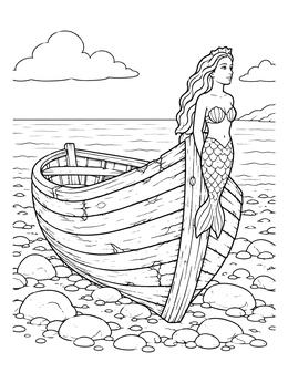 A shipwreck coloring page showing a weathered wooden boat with a carved mermaid figurehead on a rocky shore.