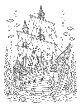 Detailed shipwreck coloring page showing a wooden galleon resting underwater.